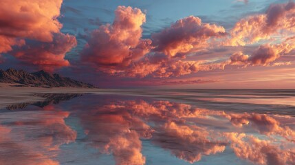 A Mirrored Mirage Exploring a Surreal Landscape of Reflective Ground and Ethereal Skies
