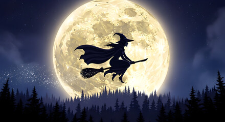 Silhouette of a witch flying on a broomstick against a full moon backdrop with spooky forest