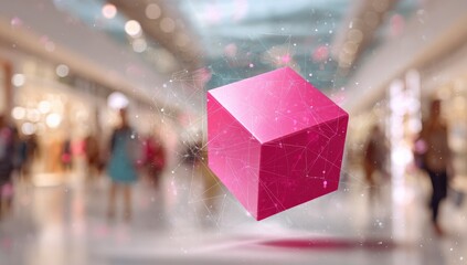Holographic pink cube in a blurred shopping mall