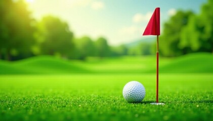 Obraz premium Abstract green golf course background with white ball, red flag, gold ribbon & club , abstract, promotional, graphic