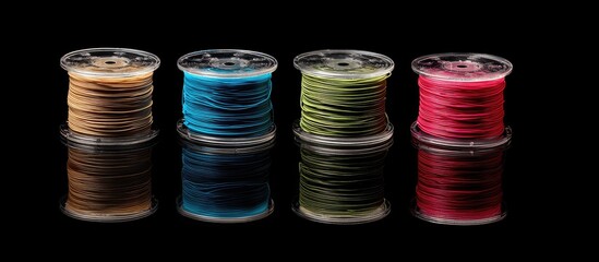 Four spools of thread in various colors, displayed against a black backdrop