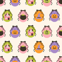 Obraz premium Hand drawn Halloween seamless pattern. Jack o' lanterns, haunted house, witch hat, bubbling cauldron in framed with ribbons. Cute spooky design for wrap, fabric, gift paper, textile design. 