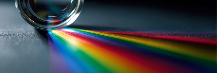 Prismatic light dispersion creates a vibrant rainbow spectrum emerging from a glass lens, showcasing the mesmerizing optical phenomenon of color separation and refraction.