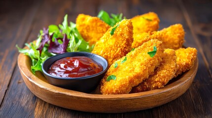 Golden-fried chicken tenders or nuggets on a wooden platter with a side of ketchup and fresh mixed greens