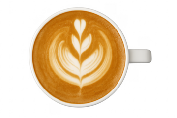 Latte art coffee with transparent background showing heart and leaf design