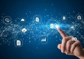 Finger touching a digital interface with interconnected icons representing data, cloud, and analytics, highlighting technological advancement