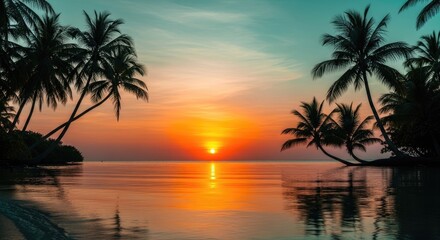 Obraz premium Tropical Sunset over a Calm Ocean Beach with Palm Trees.