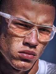 A sweaty male runner wearing sports sunglasses looks at the camera. Cardio exercise and active sports.
