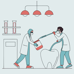 Dental research laboratory illustration with scientists and tooth experiment