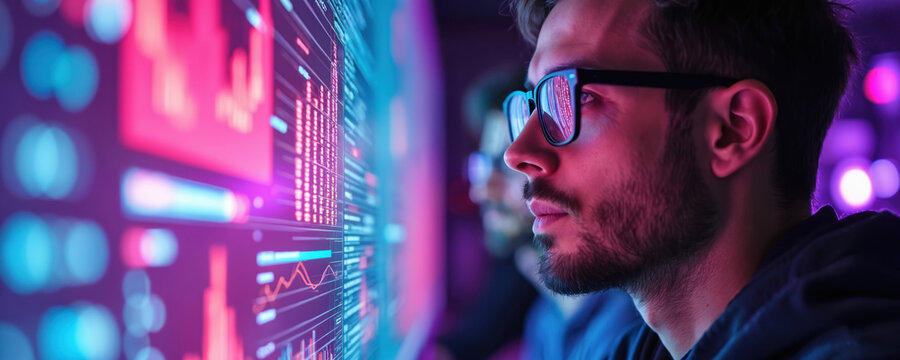Man in glasses analyzes digital data streams on glowing screen. Purple, blue lights create tech-savvy atmosphere, showing programming, coding, network connectivity. Focus on information