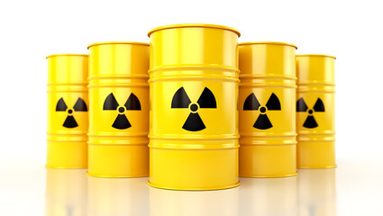 Five Yellow Radioactive Waste Barrels on White Background