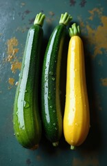 Three fresh zucchini, two green, one yellow, arranged in row on dark rustic background. Vegetables water drops, suggesting moisture, freshness. Perfect for culinary content, healthy eating, organic