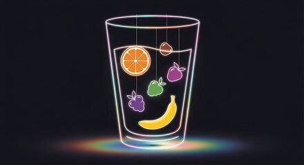 A glass of fresh fruit juice with colorful fruits and a banana