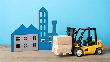Miniature Forklift Transporting Crates Near Stylized Factory Model on Wooden Surface – Industrial Logistics, Manufacturing Theme, Abstract Supply Chain, warehouse, production, delivery, operations