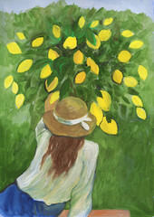 woman with lemon tree. watercolor illustration