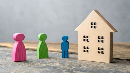 Three Colored Figurines Facing Wooden House Model on White Surface &ndash; Family and Housing Decision, Real Estate Theme, Abstract Community, home, planning, ownership, lifestyle, property, unity