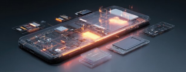 Smartphone's intricate internal components lit by glowing heat