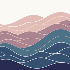 Abstract flowing wavy lines in pastel pink purple and blue shades creating a serene landscape