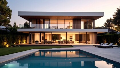 Obraz premium Contemporary House with Pool Reflecting Modern Architecture and Design Aesthetics