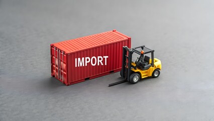 Miniature Yellow Forklift Moving Red IMPORT Container on Gray Surface – Global Trade and Logistics, Industrial Theme, Abstract Transportation, shipping, supply chain, cargo, business, export, delivery