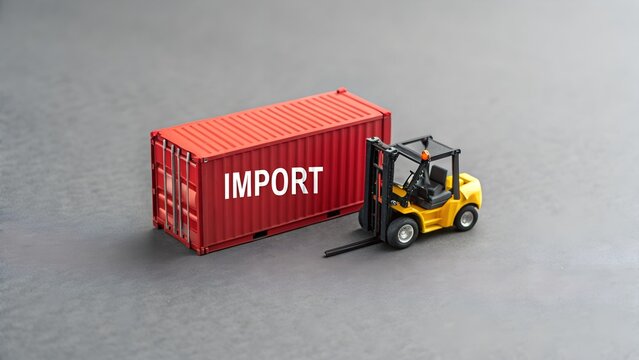 Miniature Yellow Forklift Moving Red IMPORT Container on Gray Surface – Global Trade and Logistics, Industrial Theme, Abstract Transportation, shipping, supply chain, cargo, business, export, delivery