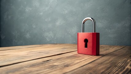 Red Padlock Standing Upright on Wooden Surface with Gray Wall – Security and Protection, Privacy Theme, Abstract Safety, cybersecurity, access, lock, data, safeguard, identity 