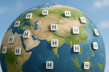 healthcare marketing hospital global concept. Globe with hospital icons representing healthcare locations worldwide.