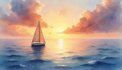 Watercolor painting captures sailboat gliding on serene ocean during warm sunset. Gentle waves reflect golden light of sky. Tranquil seascape evokes sense of peace, summer vacation. Horizon clear