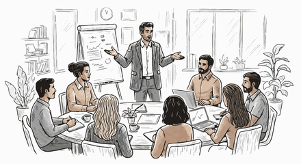 Business meeting with a team of diverse professionals in an office, led by a presenting male executive, collaborative discussion concept in sketch style.