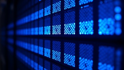 Close-up of glowing blue server rack lights creating an abstract technological pattern on a dark background.