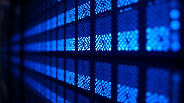 Close-up of glowing blue server rack lights creating an abstract technological pattern on a dark background.