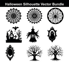 Fototapeta premium Halloween Silhouette Vector Bundle featuring Spiderwebs Cemetery Lanterns and Spooky Trees for Festive Designs