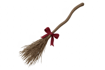 Witch broom with red ribbon bow on transparent background