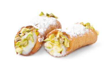 Delicious cannoli with ricotta cheese, pistachios and powdered sugar isolated on white