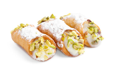 Delicious cannoli with ricotta cheese, pistachios and powdered sugar isolated on white