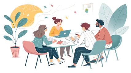 Illustration of four people in a meeting around a table with a laptop and paperwork