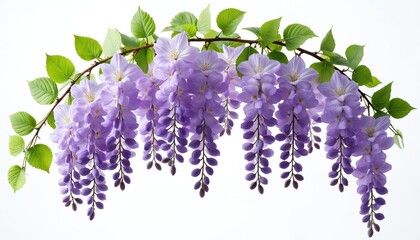 Beautiful branch of purple wisteria flowers hangs gracefully, isolated on white background. Green leaves complement cascading blossoms, creating vibrant display of spring, summer beauty. Image