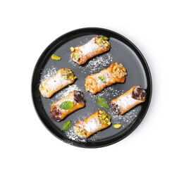 Delicious cannoli with cheese, nuts, powdered sugar, chocolate and mint isolated on white, top view