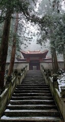 Obraz premium Snowy steps leading to a temple in a misty forest