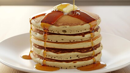 Stack of Fluffy Golden Pancakes with Melting Butter and Syrup on White Plate