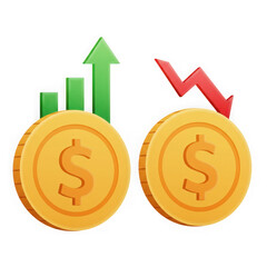Financial growth and decline icons with gold coins isolated on transparent background