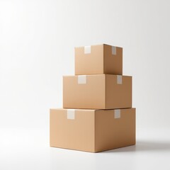 Fototapeta premium Three light brown cardboard boxes of varying sizes are stacked on a white background. Each box is sealed with tape