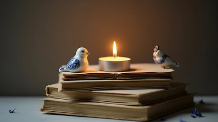 Tranquil Still Life with Books, Tealight Candle, Ceramic Birds, and Purple Petals on Soft Background