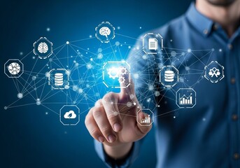 Person touching a futuristic network of interconnected digital icons representing data, ai, and cloud computing on a dark blue background