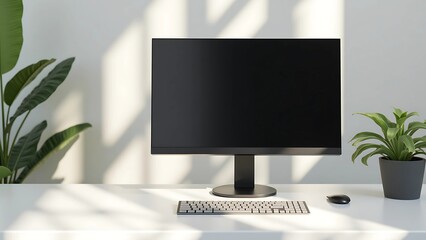 Minimalist Workspace with Black Monitor, White Desk, and Potted Plants in Sunlit Room