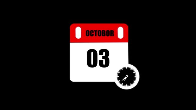 03 October Banner Animation ,October 03 calendar animation with transparent screen background. 4k video