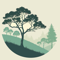 Obraz premium Stylized silhouette of trees on a rolling green hill with a hazy forest background