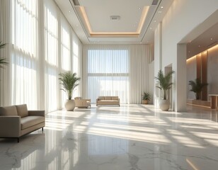 Fototapeta premium Modern bright spacious lobby interior with sunlight streaming through large windows, illuminating white marble floors. Features minimalist furniture including sofas, potted plants, creating calm,