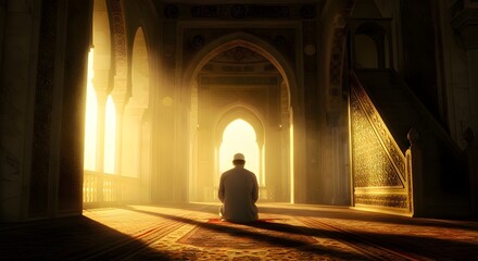 Prayer, islam and worship with man in mosque for god, holy quran and spirituality. Praying, ai generated and Islamic with person in Muslim pray traditions for faith, mindfulness and Ramadan kareem