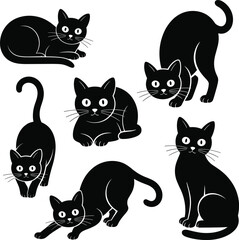 Black cat silhouettes collection, various playful and curious cat poses, vector illustrations isolated on white background, perfect for pet design projects.